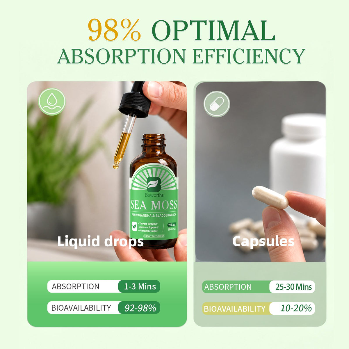 Beworths Organic Sea Moss Liquid Drops 10000mg - 5X Stronger than Gummy & Capsules - Joint, Digestion, Thyroid Immunity Essential Support - 60ml