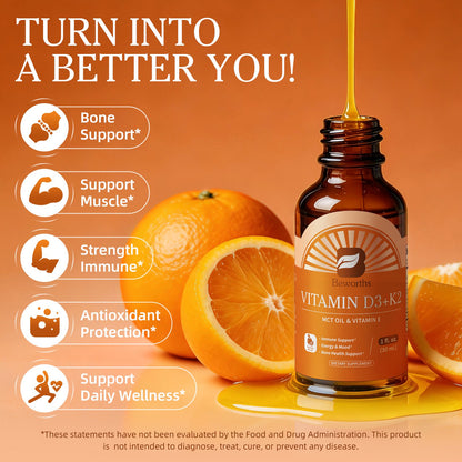 B Beworths Vitamin D3 K2 Drops with MCT Oil & Vitamin E - Orange Flavor Liquid Supplement for Immune & Bone Health Support - 1 fl oz (30 mL), 30 Servings