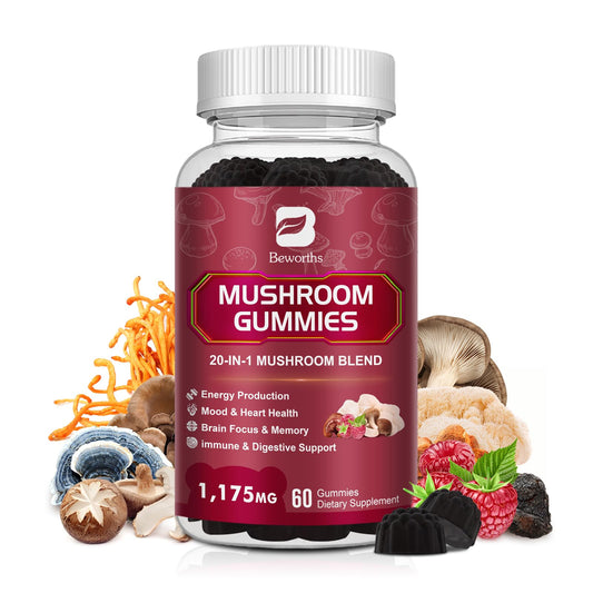 Super Mushroom Complex Gummies, 20-IN-1 Lion's Mane Supplement Gummies - Mushroom Supplement with Cordyceps, Reishi etc, Support for Brain Health, Focus & Clarity, Non-GMO,Raspberry Flavor,60 Gummies