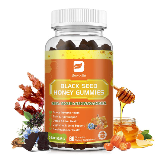 Black Seed Oil Sea Moss Gummies with Ashwagandha, Burdock Root, Linden Honey, Elderberry, Turmeric, Vitamin C, D3 & Zinc - Supports Immunity, Joints, Digestion, Hair & Skin, Vegan Gummies 60 Counts