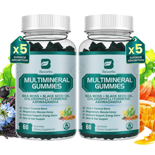 Sea Moss Black Seed Oil Ashwagandha Gummies, Irish Sea Moss Multimineral Supplement with Turmeric, Magnesium, Chlorophyll, Elderberry, Manuka Honey for Immune & Detox Support - 120 |Vegan