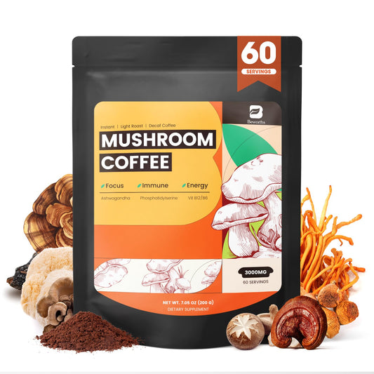 Mushroom Coffee, 10 Mushrooms Instant Coffee Powder - Lion's Mane, Reishi, Chaga, Cordyceps, Turkey Tail, Shiitake, Ashwagandha, Vitamin B12 / B6, Arabica Coffe for Immune Boost, Focus & Gut Health