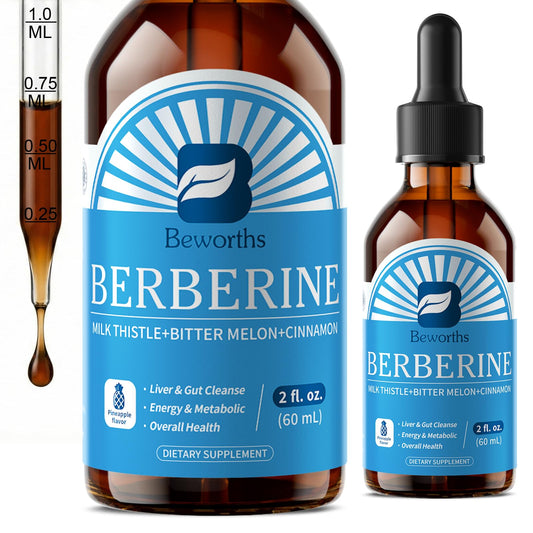 B BEWORTHS Berberine Liquid Drops with Ceylon Cinnamon & Turmeric - 12-in-1 Complex for Digestive Health, Immune Support & Gut Wellness - Organic Berberine HCl, Bitter Melon, Milk Thistle - Vegan & Non-GMO - 2 fl oz