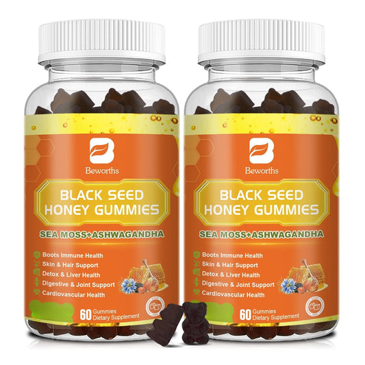 (2 Pack) Black Seed Oil Sea Moss Gummies with Ashwagandha, Burdock Root, Linden Honey, Elderberry, Turmeric, Vitamin C, D3 & Zinc - Supports Immunity, Joints, Digestion, Hair & Skin, Vegan Gummies 120