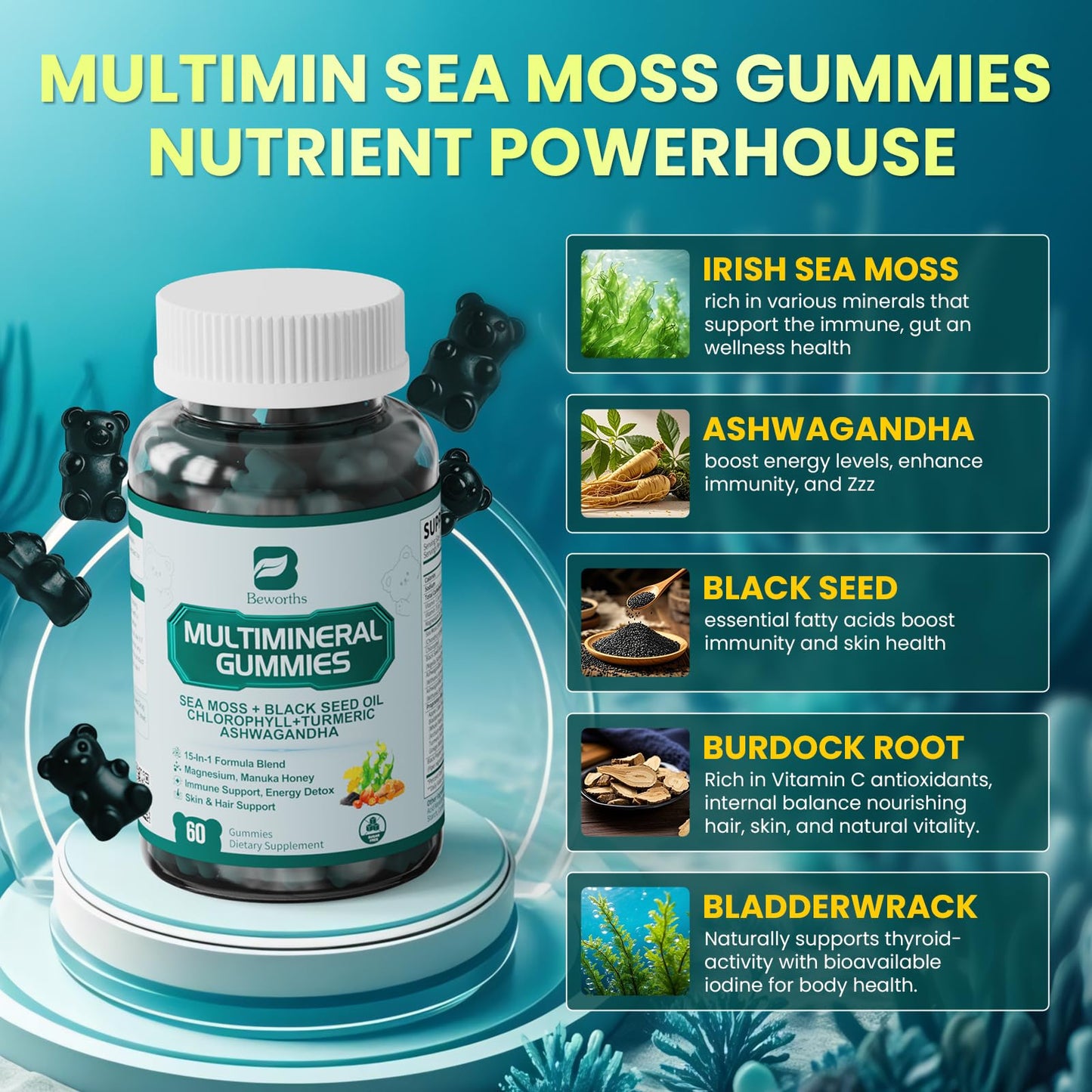 Sea Moss Black Seed Oil Ashwagandha Gummies, Irish Sea Moss Multimineral Supplement with Turmeric, Magnesium, Chlorophyll, Elderberry, Manuka Honey for Immune & Detox Support - 120 |Vegan