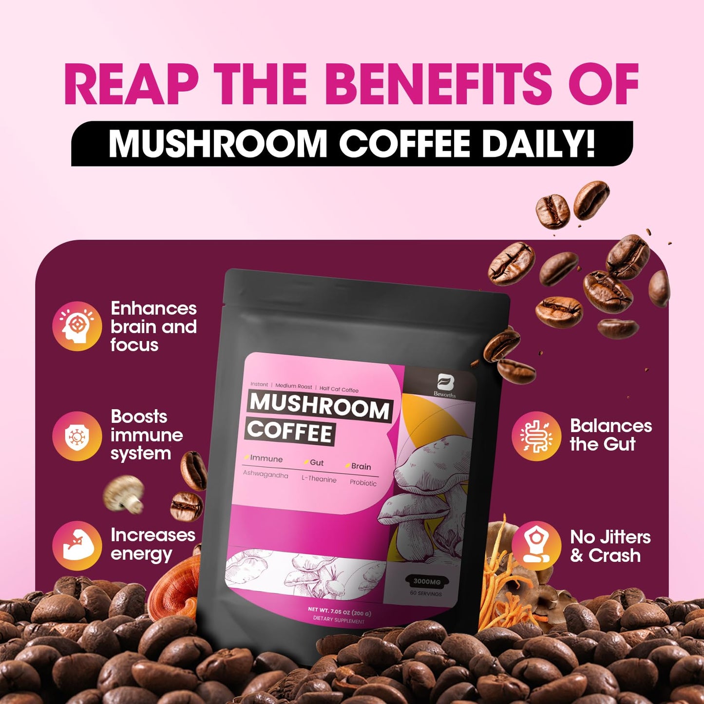 B BEWORTHS Mushroom Coffee Powder