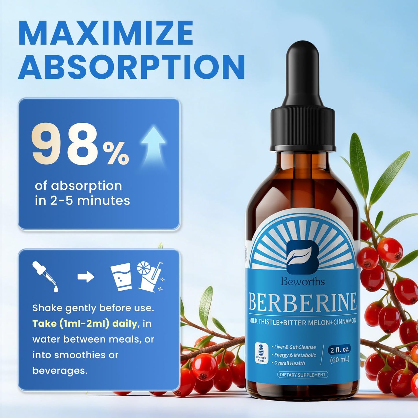 B BEWORTHS 2Pack Berberine Supplement - Berberine HCL with Ceylon Cinnamon Supplement Drops with Bitter Melon, Milk Thistle, Turmeric, Artichoke, Berberine Phytosome - Support Liver, Digestive Health
