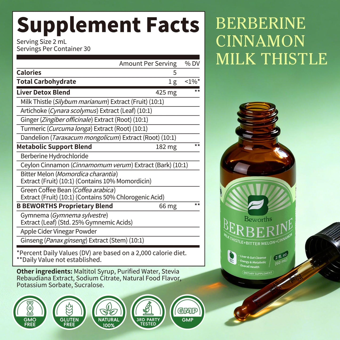 B BEWORTHS Berberine HCL Supplement with Ceylon Cinnamon - Berberine Phytosome Liquid Drops with Turmeric, Ceylon Cinnamon, Bitter Melon, Milk Thistle, Berberine Supplement for Digestion Support