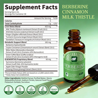 B BEWORTHS Berberine HCL Supplement with Ceylon Cinnamon - Berberine Phytosome Liquid Drops with Turmeric, Ceylon Cinnamon, Bitter Melon, Milk Thistle, Berberine Supplement for Digestion Support