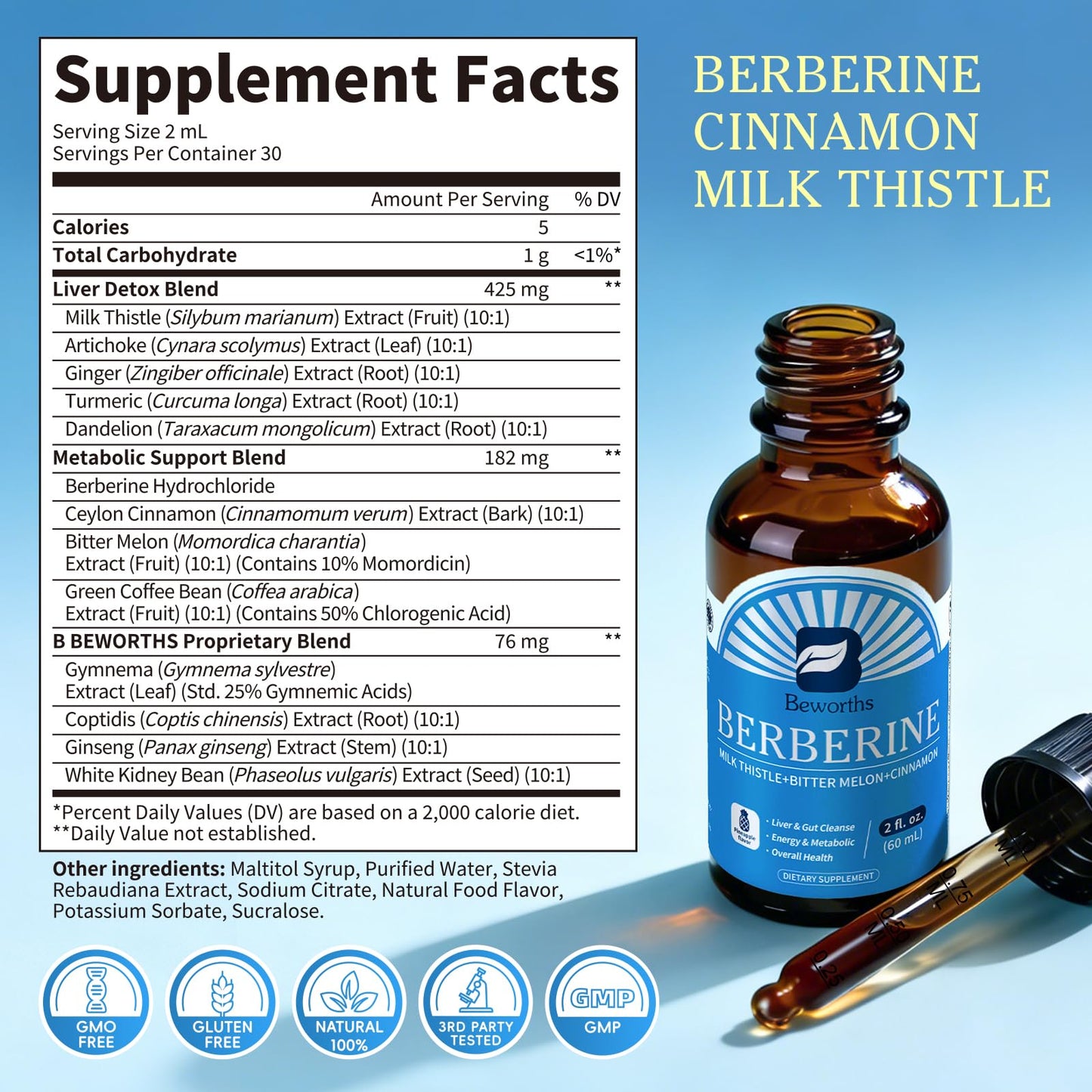 B BEWORTHS 2Pack Berberine Supplement - Berberine HCL with Ceylon Cinnamon Supplement Drops with Bitter Melon, Milk Thistle, Turmeric, Artichoke, Berberine Phytosome - Support Liver, Digestive Health