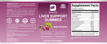 Beworths Liver Support Gummies, with Milk Thistle Extract Support Liver Cleanse Detox & Repair, Liver Health, 60 Gummies