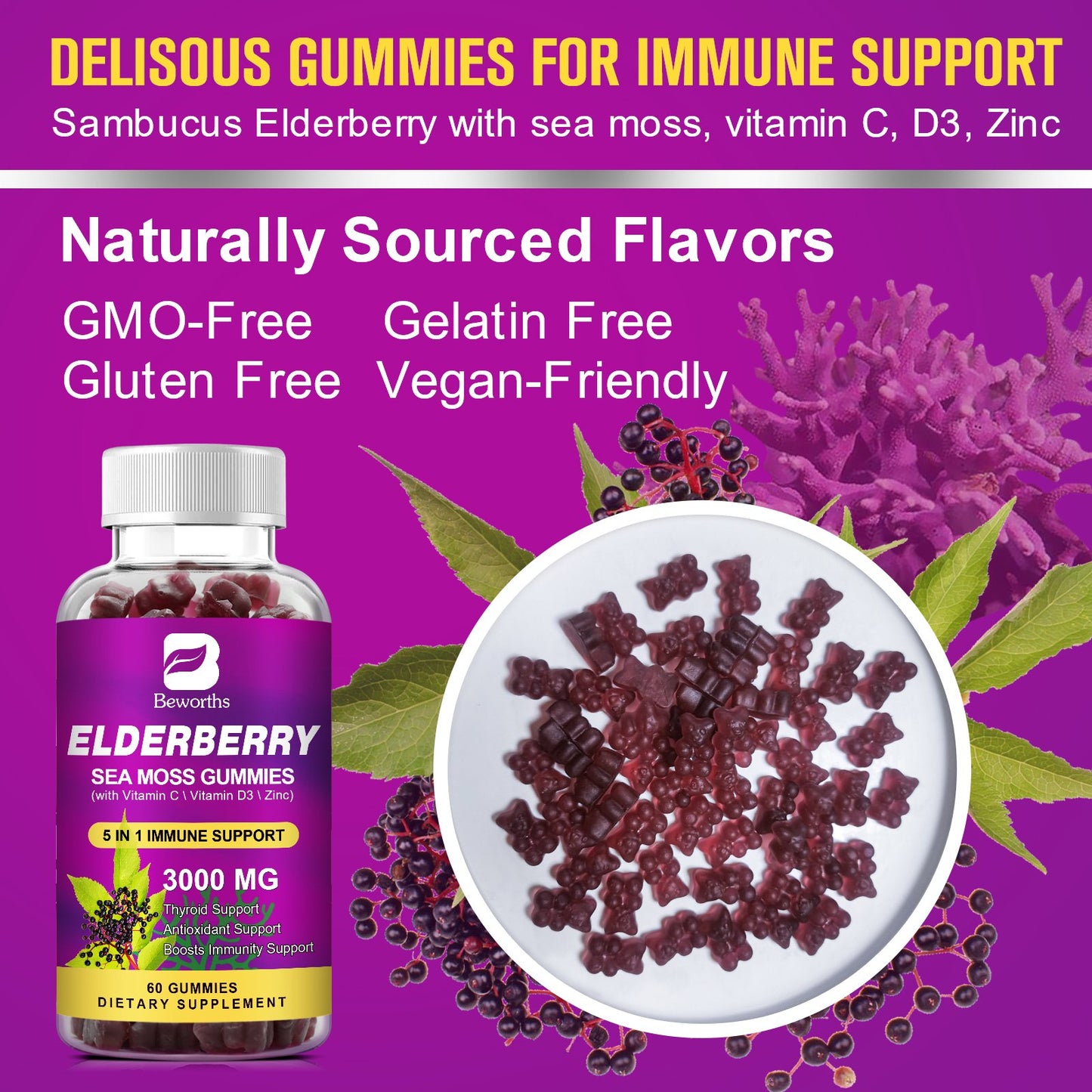 B BEWORTHS Black Elderberry Gummies & Sea Moss Gummy, Sambucus Elderberry Vitamins Supplements with Vitamin C, D3 and Zinc, Thyroid & Immune Support Supplement for Kids & Adults