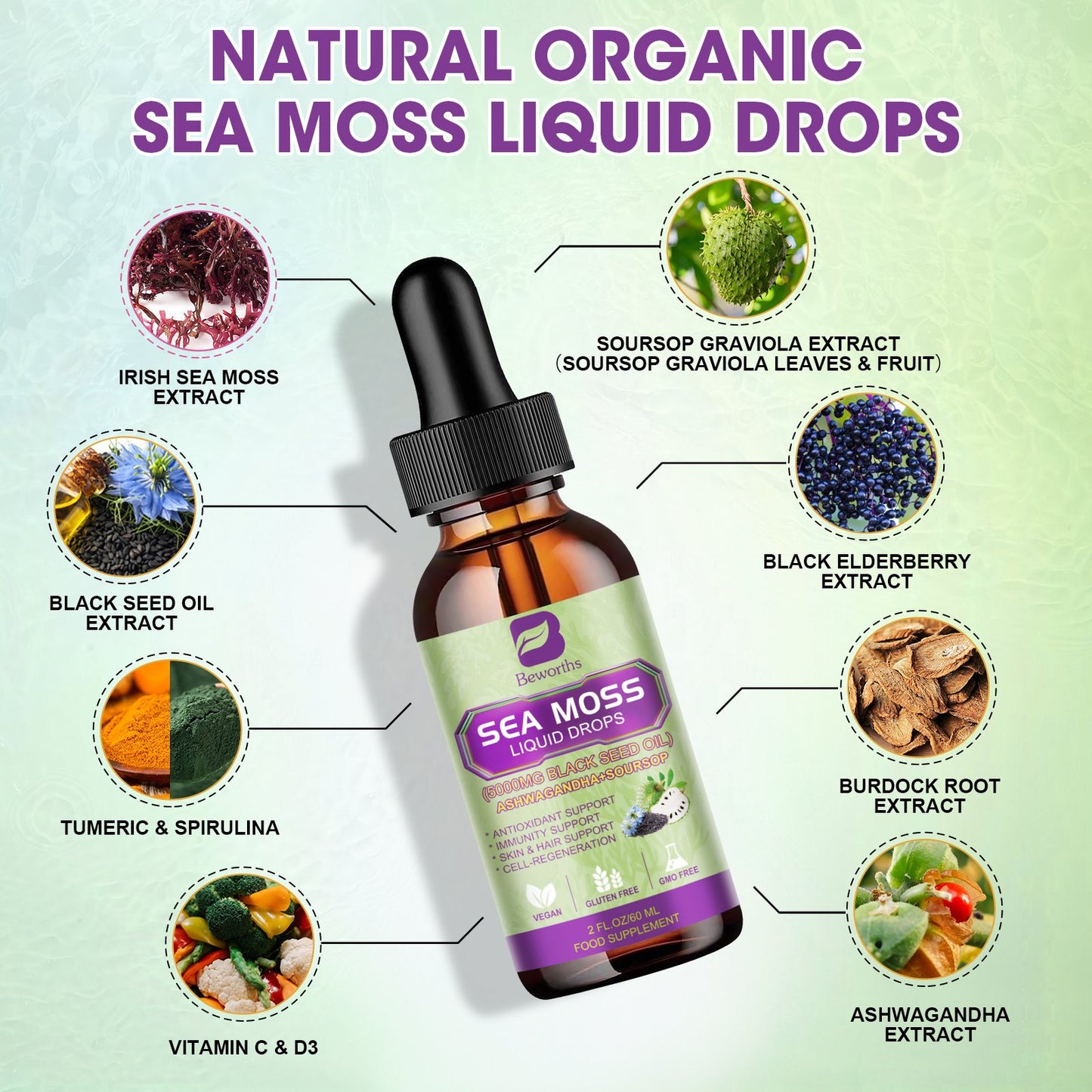 Beworths Black Seed Oil & Irish Sea Moss Gel with Soursop Bitters Liquid Drop Supplement