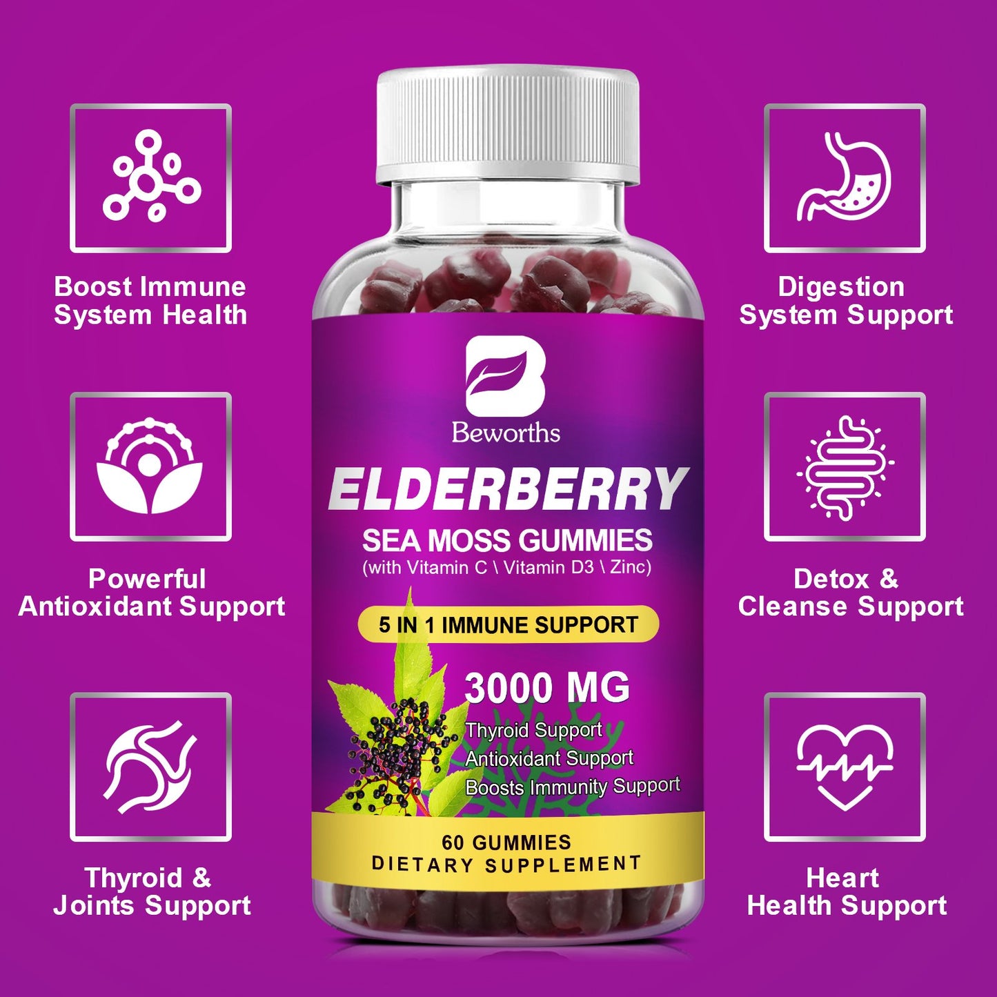 B BEWORTHS Black Elderberry Gummies & Sea Moss Gummy, Sambucus Elderberry Vitamins Supplements with Vitamin C, D3 and Zinc, Thyroid & Immune Support Supplement for Kids & Adults