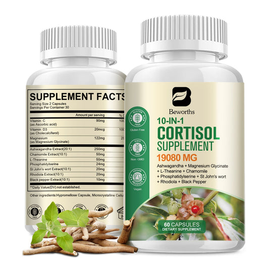 Cortisol Supplement, 10-in-1 Cortisol Reducer Manager Supplements for Women with Ashwagandha, Magnesium Glycinate, L-Theanine, Rhodiola, Calm Zzz & Mood Support, Non-GMO, 60 Vegan Capsules