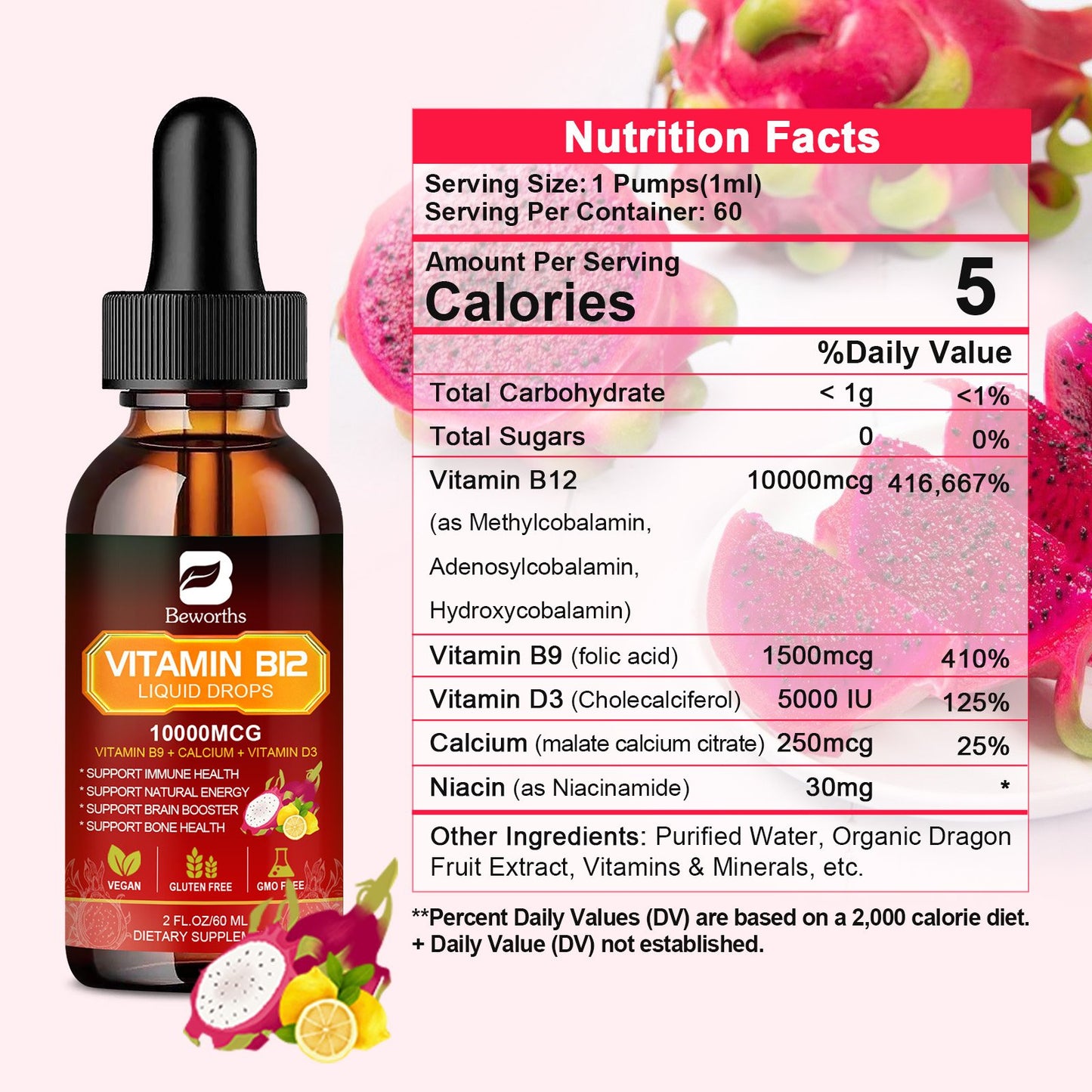 Beworths Vitamin B12 Sublingual Liquid Drops Supplement Dragon Fruit Flavor