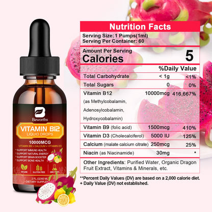 Beworths Vitamin B12 Sublingual Liquid Drops Supplement Dragon Fruit Flavor 2 Packs
