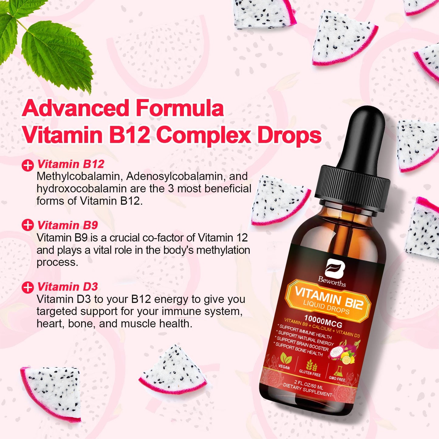 Beworths Vitamin B12 Sublingual Liquid Drops Supplement Dragon Fruit Flavor
