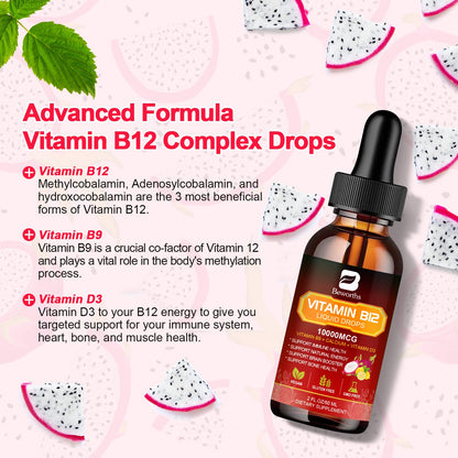 Beworths Vitamin B12 Sublingual Liquid Drops Supplement Dragon Fruit Flavor 2 Packs