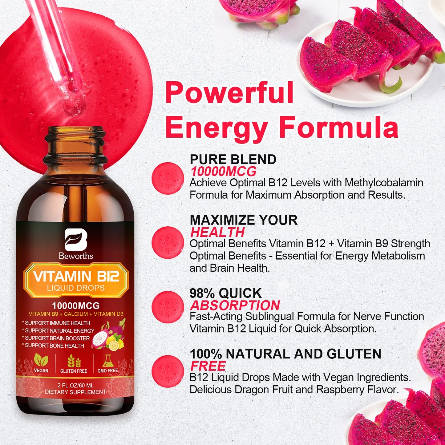 Beworths Vitamin B12 Sublingual Liquid Drops Supplement Dragon Fruit Flavor