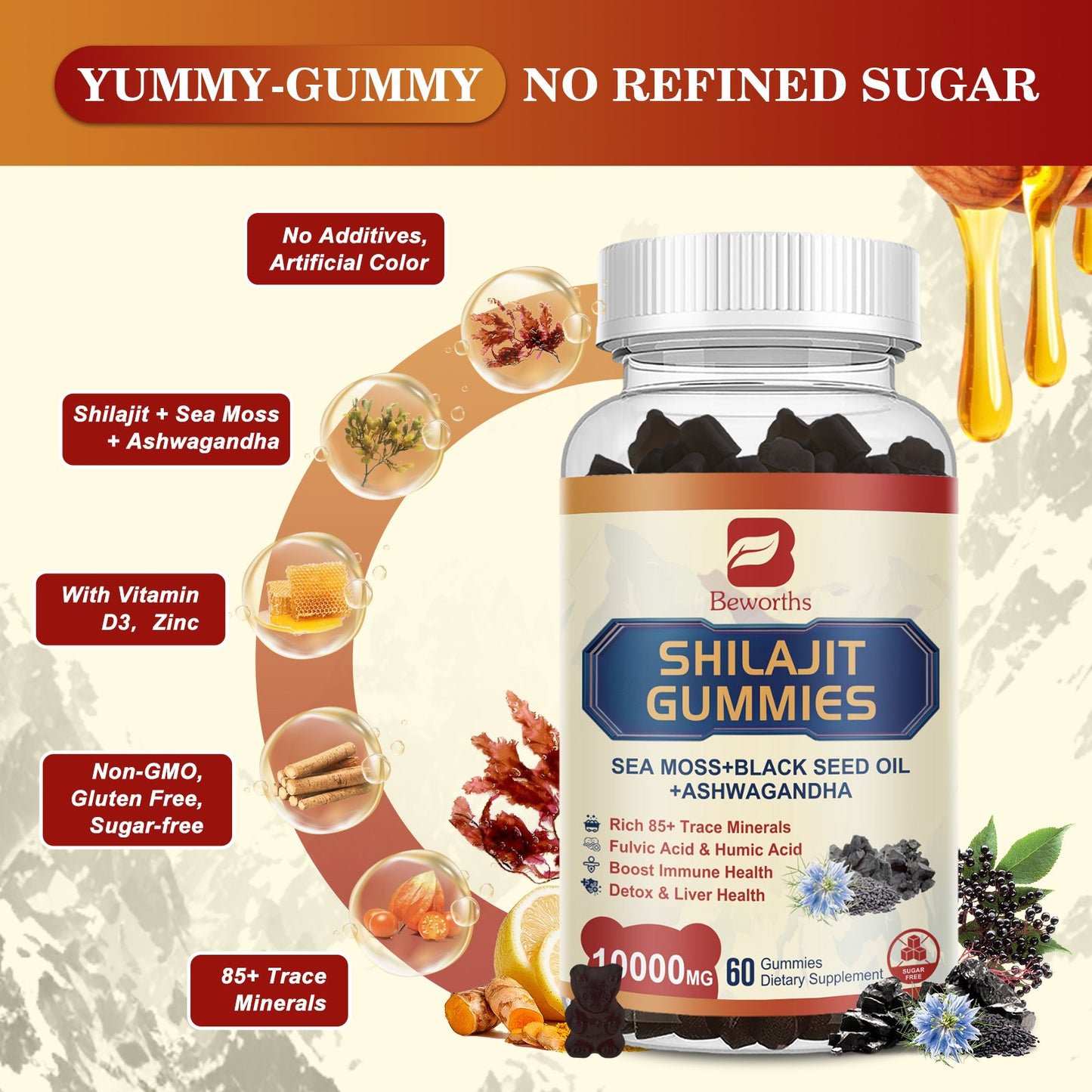 Shilajit Resin Gummies Sea Moss Supplement with Black Seed Oil