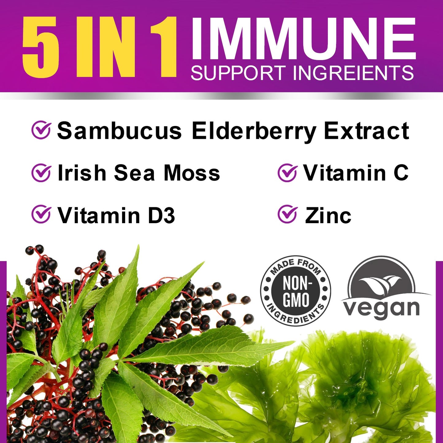 B BEWORTHS Black Elderberry Gummies & Sea Moss Gummy, Sambucus Elderberry Vitamins Supplements with Vitamin C, D3 and Zinc, Thyroid & Immune Support Supplement for Kids & Adults