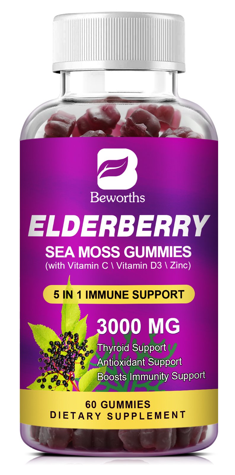 B BEWORTHS Black Elderberry Gummies & Sea Moss Gummy, Sambucus Elderberry Vitamins Supplements with Vitamin C, D3 and Zinc, Thyroid & Immune Support Supplement for Kids & Adults