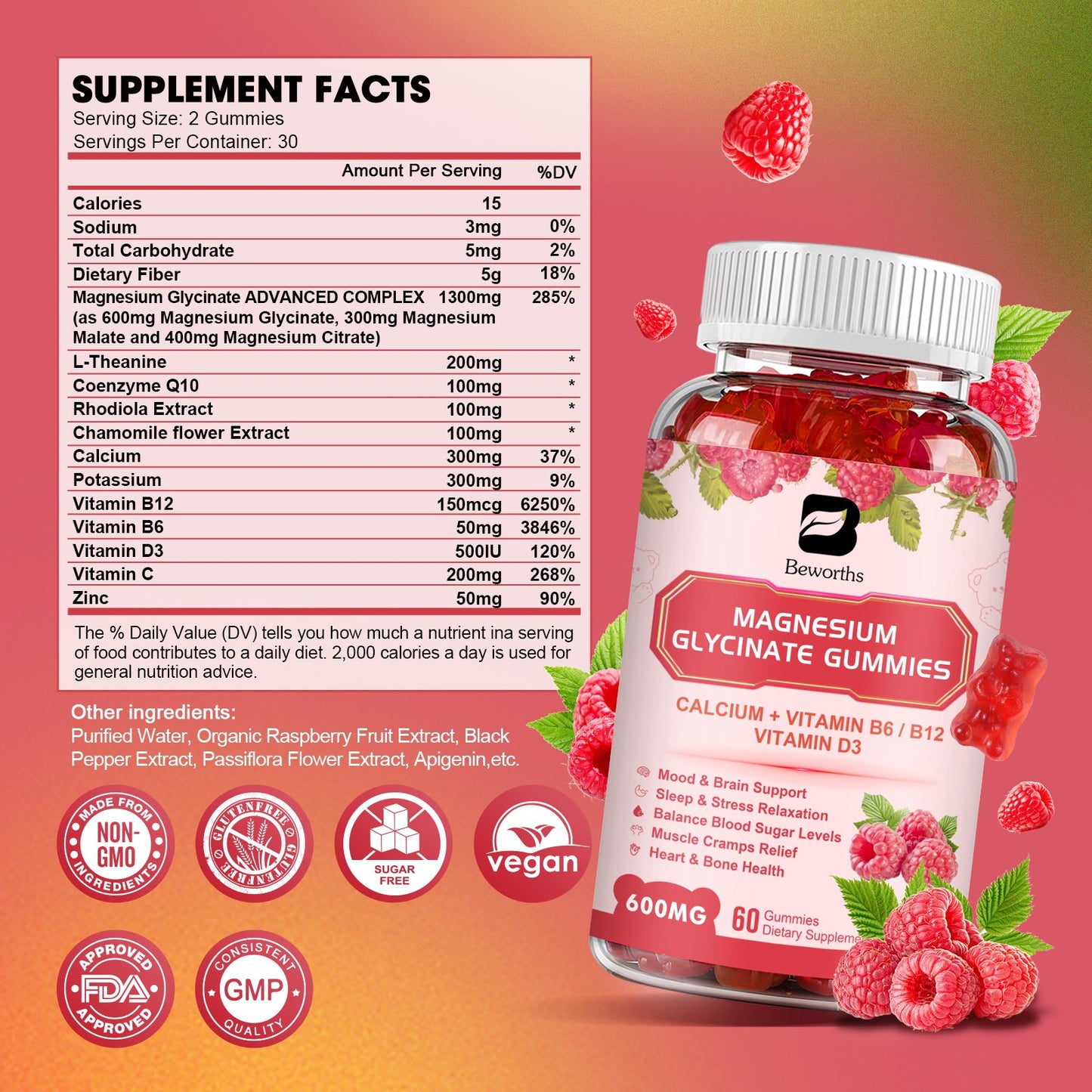 Magnesium Glycinate Gummies Supplement Complex with Potassium, Calcium, Coenzyme Q10, Vitamin, Magnesium Malate Citrate Support Heart, Muscle, Energy Boost