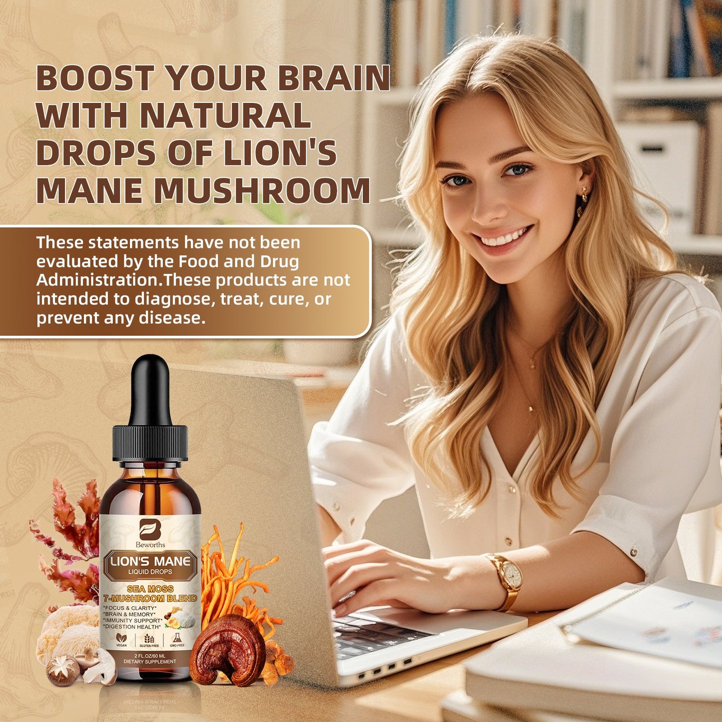 Lion's Mane Mushroom Liquid Drops - Sea Moss Mushrooms Supplement Complex Support Memory & Focus, Immunity Boost - Lions Mane, Reishi, Cordyceps, Chaga, Turkey Tail, Oyster, Maitake | Vegan