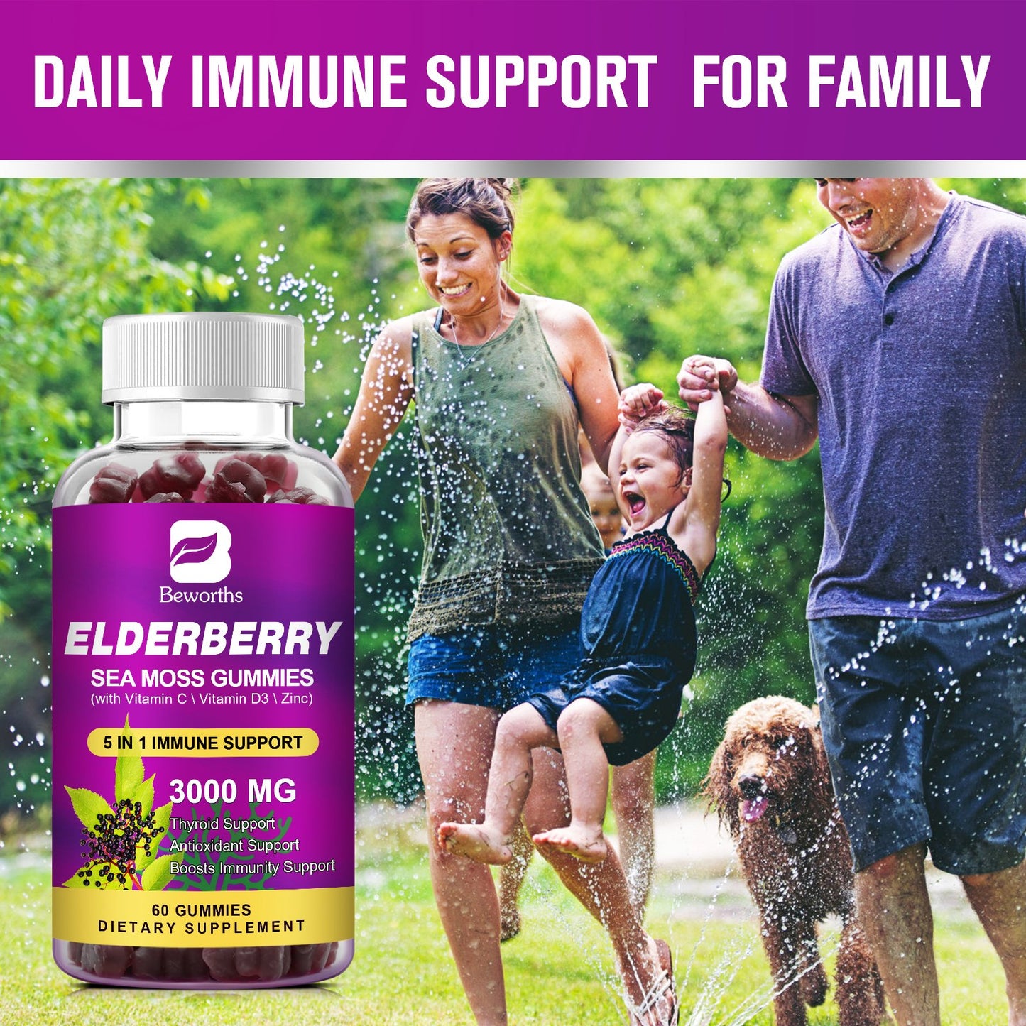 B BEWORTHS Black Elderberry Gummies & Sea Moss Gummy, Sambucus Elderberry Vitamins Supplements with Vitamin C, D3 and Zinc, Thyroid & Immune Support Supplement for Kids & Adults