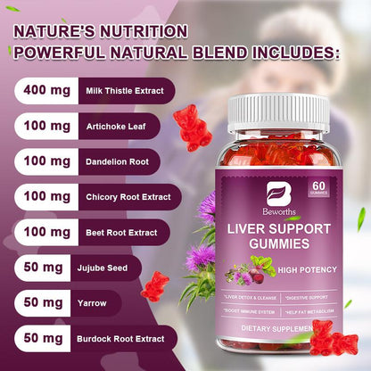 Beworths Liver Support Gummies, with Milk Thistle Extract Support Liver Cleanse Detox & Repair, Liver Health, 60 Gummies