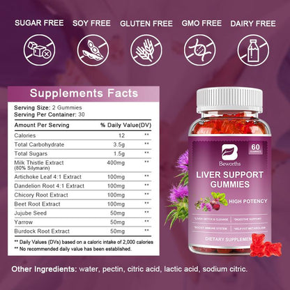Beworths Liver Support Gummies, with Milk Thistle Extract Support Liver Cleanse Detox & Repair, Liver Health, 60 Gummies