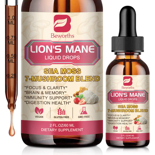 Lion's Mane Mushroom Liquid Drops - Irish Sea Moss Mushrooms Supplement Complex Support Memory & Focus, Immunity Boost - Lions Mane, Turkey Tail, Reishi, Cordyceps, Chaga, Oyster, Maitake