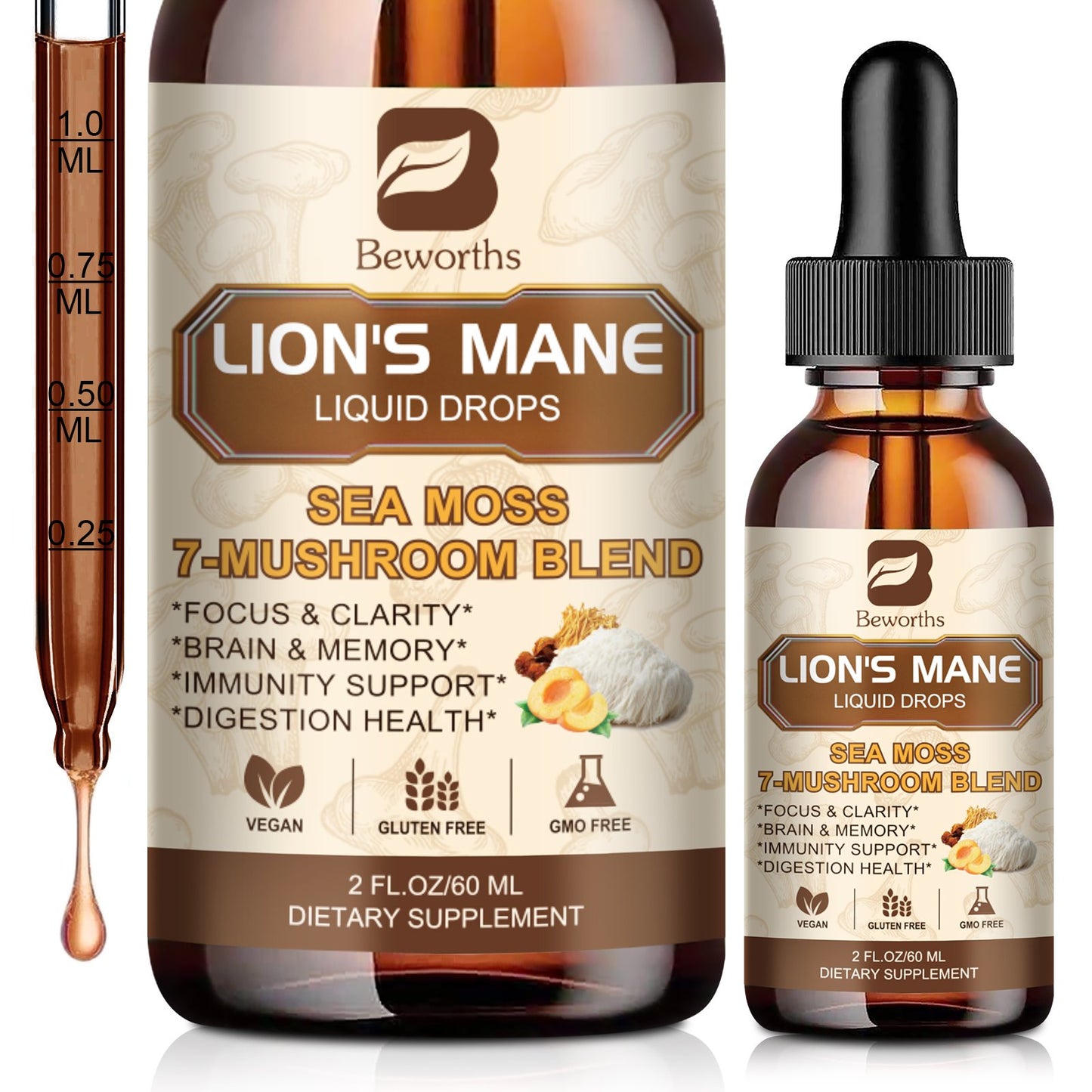 Lion's Mane Mushroom Liquid Drops - Sea Moss Mushrooms Supplement Complex Support Memory & Focus, Immunity Boost - Lions Mane, Reishi, Cordyceps, Chaga, Turkey Tail, Oyster, Maitake | Vegan