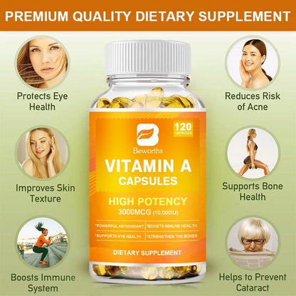 Vitamin A Softgels 10,000 IU Vitamin A Supplement, Promotes Immune, Bone, Skin, and Eye Health, 10000 IU (3000mcg) 120 Capsules, Vegan Dietary Supplements by BEWORTHS