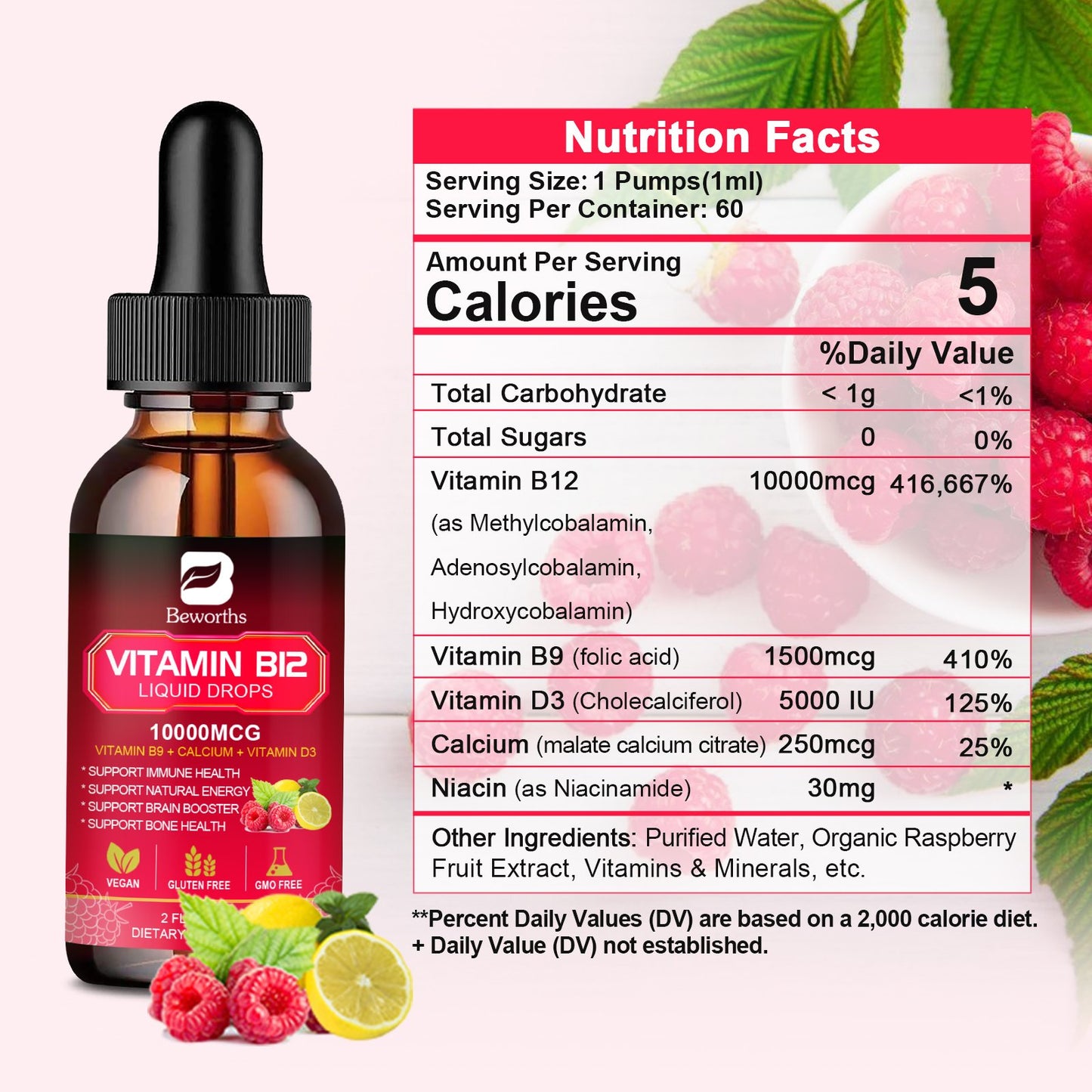 Ang Vitamin B12 Sublingual Liquid ay bumaba ng 10000mcg Formula Raspberry Flavor na may Vitamin B9, D3, Calcium 