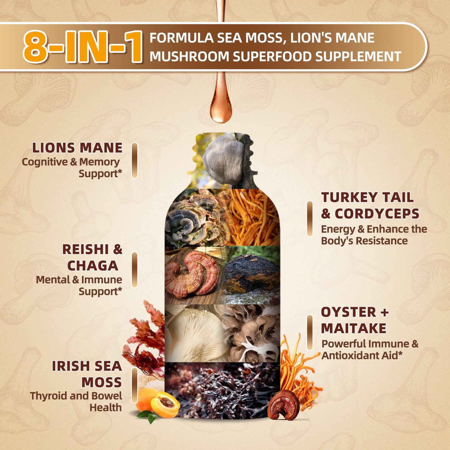 Lion's Mane Mushroom Liquid Drops - Sea Moss Mushrooms Supplement Complex Support Memory & Focus, Immunity Boost - Lions Mane, Reishi, Cordyceps, Chaga, Turkey Tail, Oyster, Maitake | Vegan