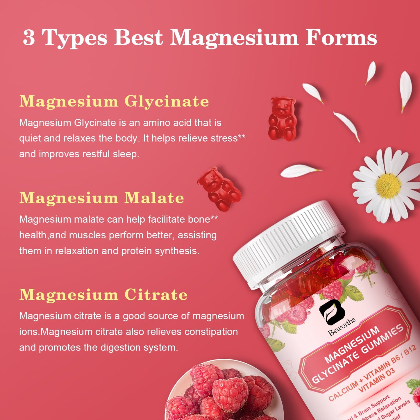 Magnesium Glycinate Gummies Supplement Complex with Potassium, Calcium, Coenzyme Q10, Vitamin, Magnesium Malate Citrate Support Heart, Muscle, Energy Boost