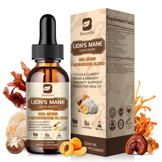 Lion's Mane Mushroom Liquid Drops - Sea Moss Mushrooms Supplement Complex Support Memory & Focus, Immunity Boost - Lions Mane, Reishi, Cordyceps, Chaga, Turkey Tail, Oyster, Maitake | Vegan
