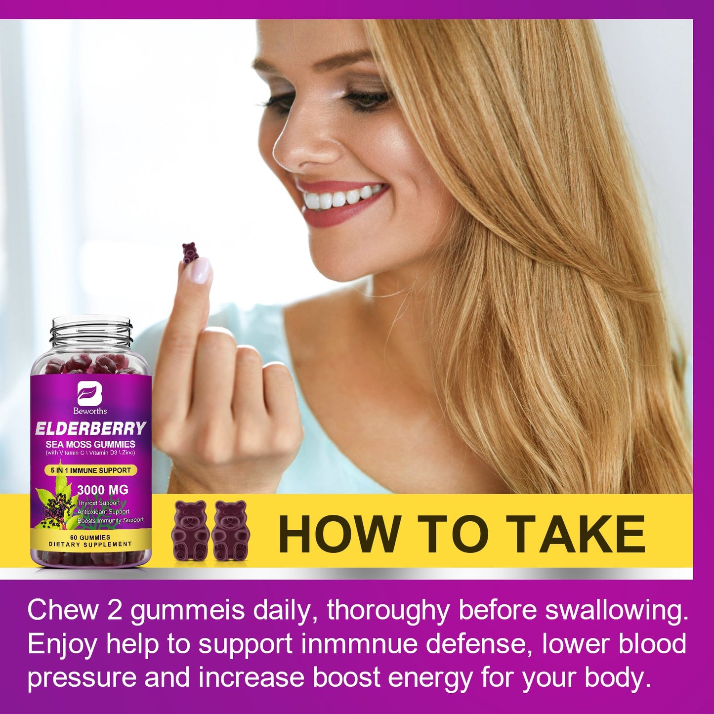 B BEWORTHS Black Elderberry Gummies & Sea Moss Gummy, Sambucus Elderberry Vitamins Supplements with Vitamin C, D3 and Zinc, Thyroid & Immune Support Supplement for Kids & Adults
