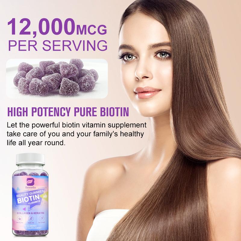 BEWORTHS Biotin Gummies 12000mcg with Biotin, Collagen, Keratin, Chlorophyll, Zinc and Vitamin A, B6, B12, C, D, E Complex
