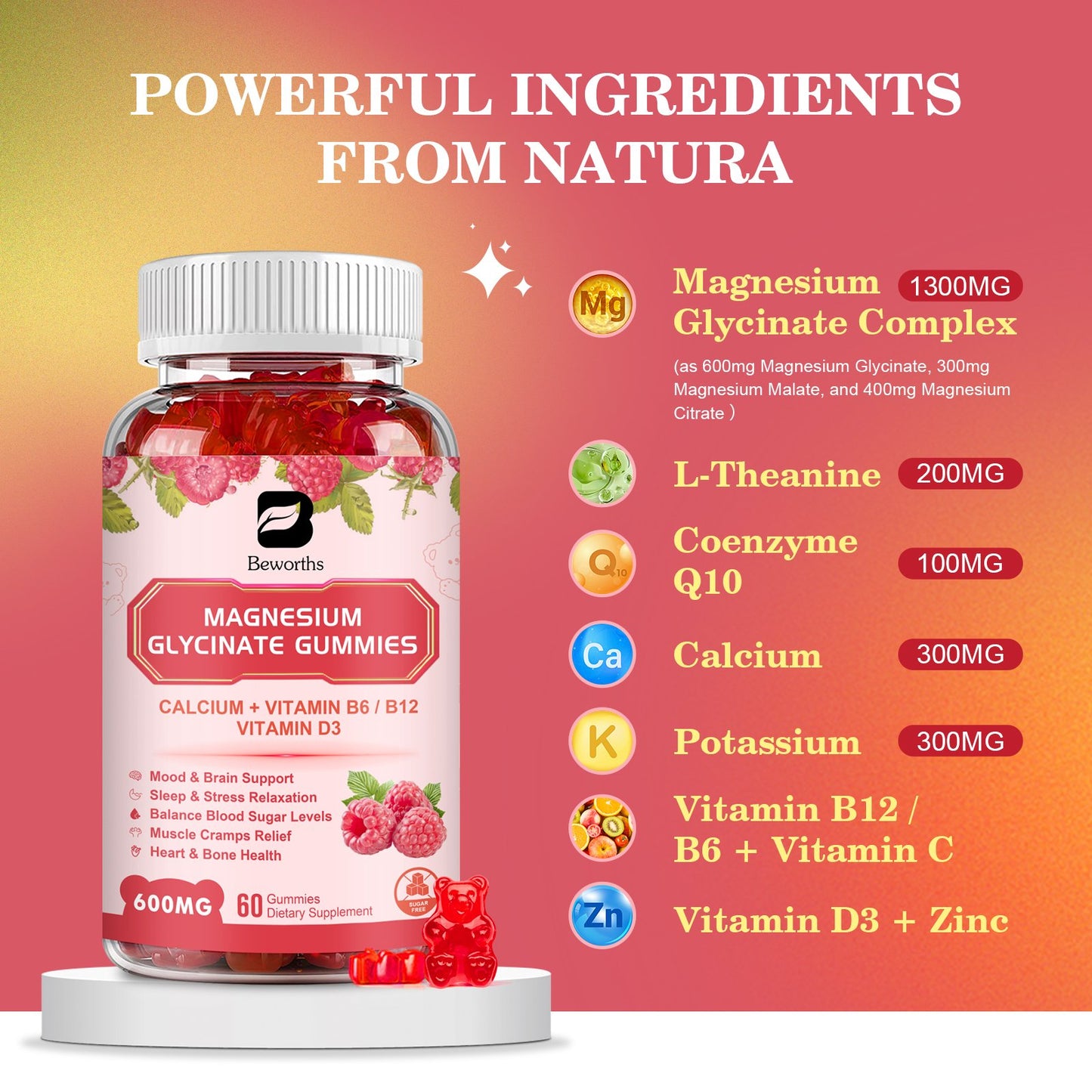 Magnesium Glycinate Gummies Supplement Complex with Potassium, Calcium, Coenzyme Q10, Vitamin, Magnesium Malate Citrate Support Heart, Muscle, Energy Boost