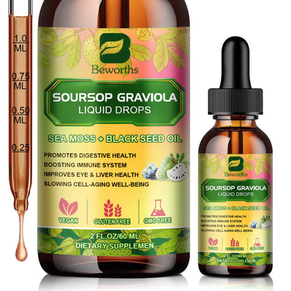 Soursop Graviola Liquid Drop,With Balckseed oil, for Cell Support & Regeneration, Immune Boost, Relax, Liver and Sleep, Guanabana Drop 2 Fl Oz