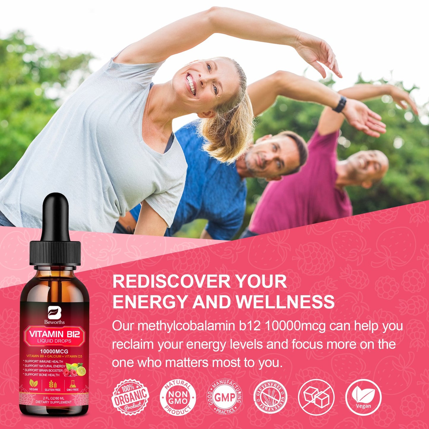 Ang Vitamin B12 Sublingual Liquid ay bumaba ng 10000mcg Formula Raspberry Flavor na may Vitamin B9, D3, Calcium 