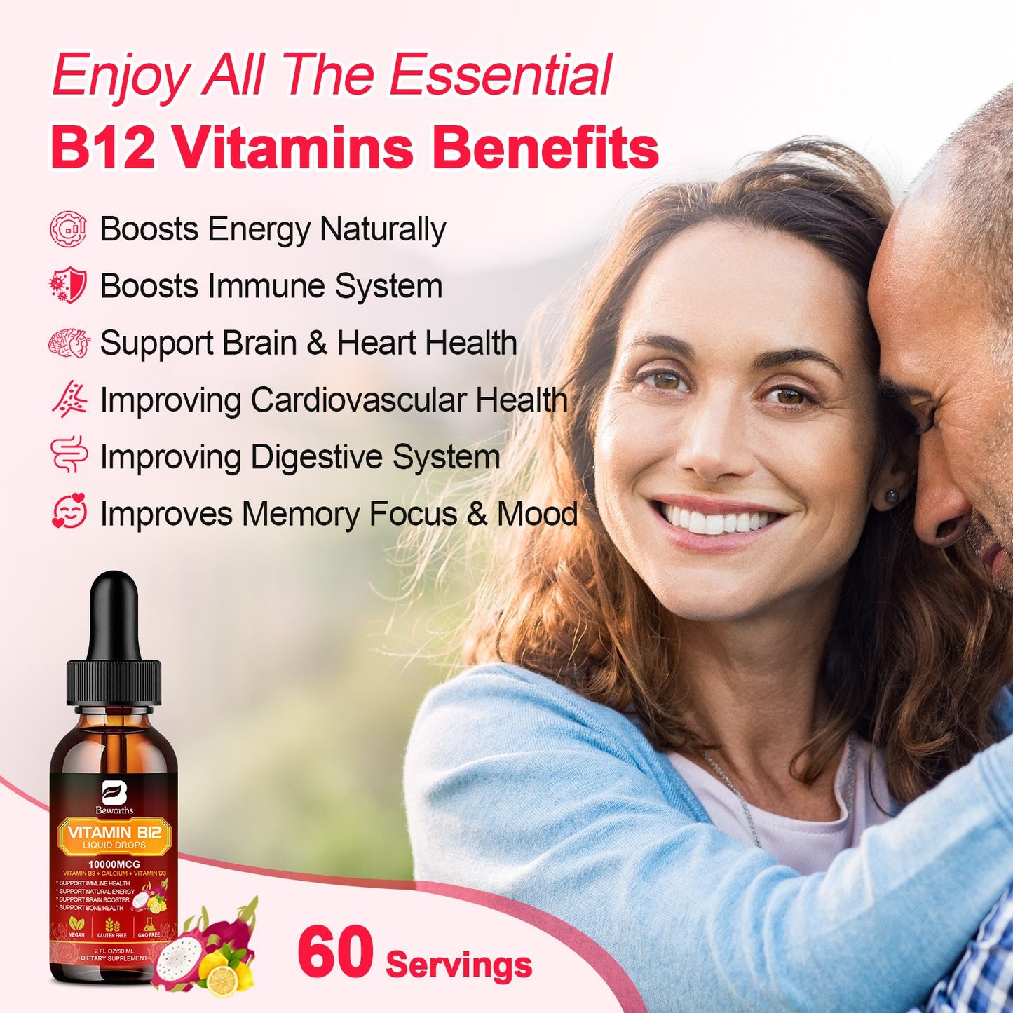 Beworths Vitamin B12 Sublingual Liquid Drops Supplement Dragon Fruit Flavor