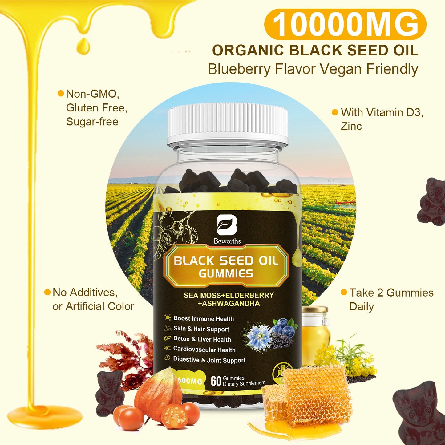 Black Seed Organic Irish Sea Moss Gummies with Ashwagandha Extract, Elderberry, Turmeric, Vitamin C Vitamin D3