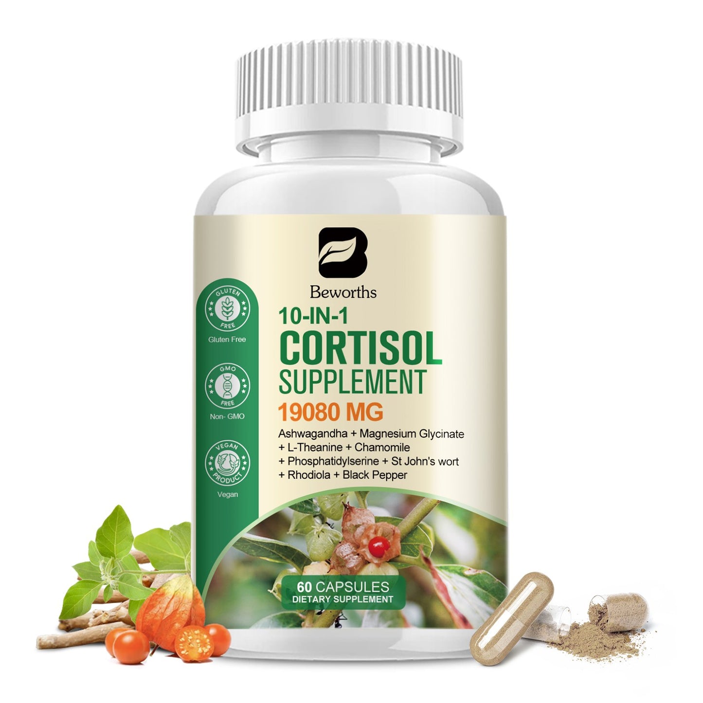 Cortisol Supplement, 10-in-1 Cortisol Reducer Manager Supplements for Women with Ashwagandha, Magnesium Glycinate, L-Theanine, Rhodiola, Calm Zzz & Mood Support, Non-GMO, 60 Vegan Capsules