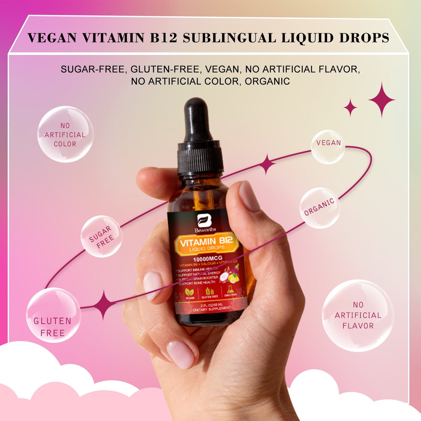 Beworths Vitamin B12 Sublingual Liquid Drops Supplement Dragon Fruit Flavor