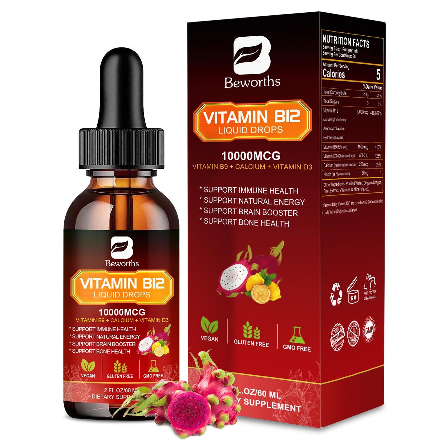 Beworths Vitamin B12 Sublingual Liquid Drops Supplement Dragon Fruit Flavor