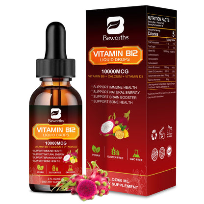 Beworths Vitamin B12 Sublingual Liquid Drops Supplement Dragon Fruit Flavor 2 Packs